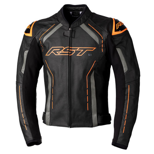 RST S1 CE Mens Leather Jacket - Black / Grey / Neon Orange
