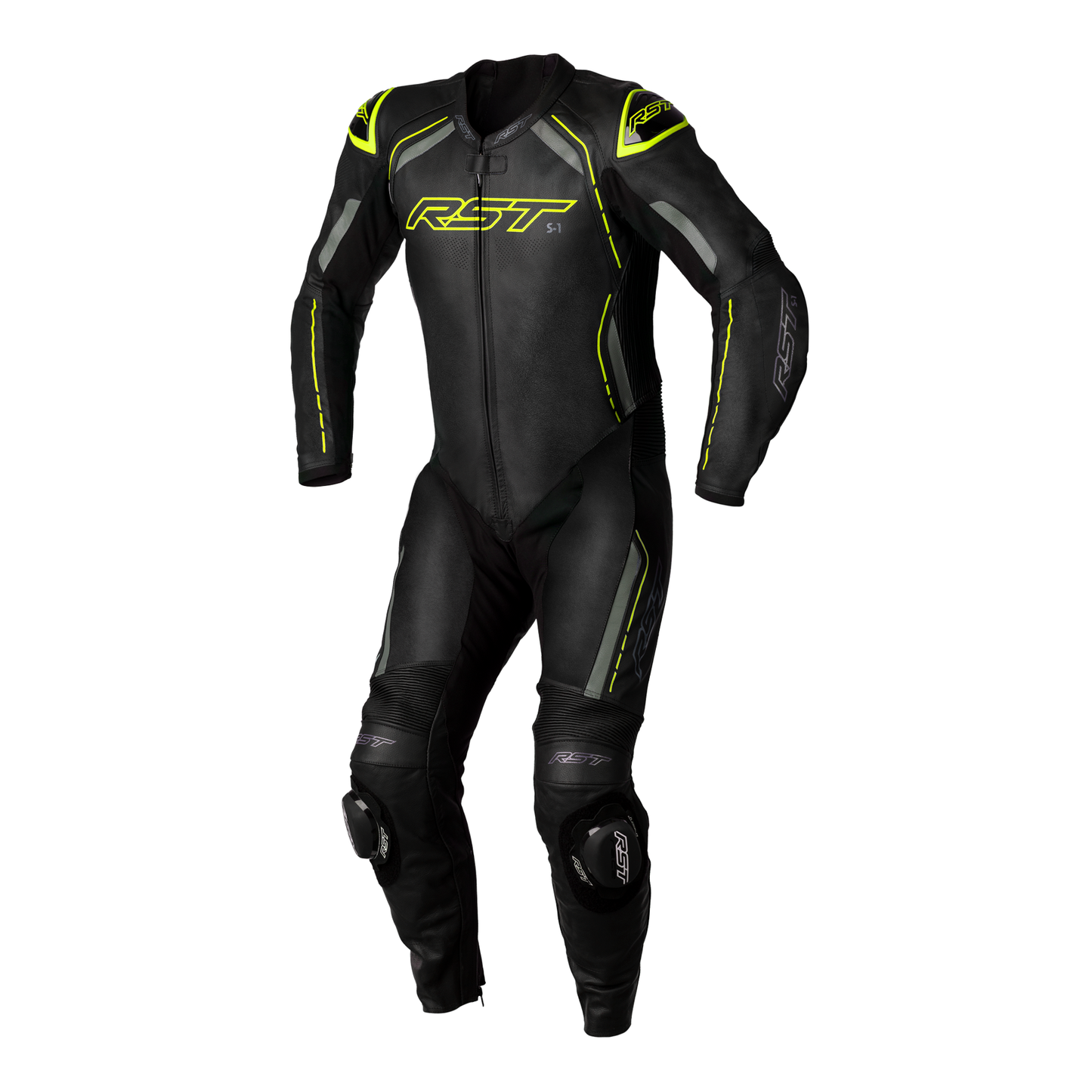 S1 CE Mens Leather Suit - Black / Grey / Flo Yellow