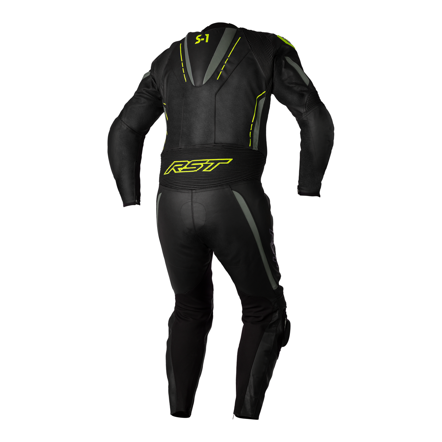 S1 CE Mens Leather Suit - Black / Grey / Flo Yellow