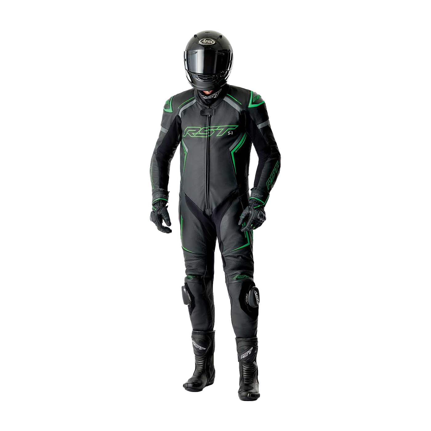 RST S1 D3O Leather Suit - Black / Grey / Flo Green