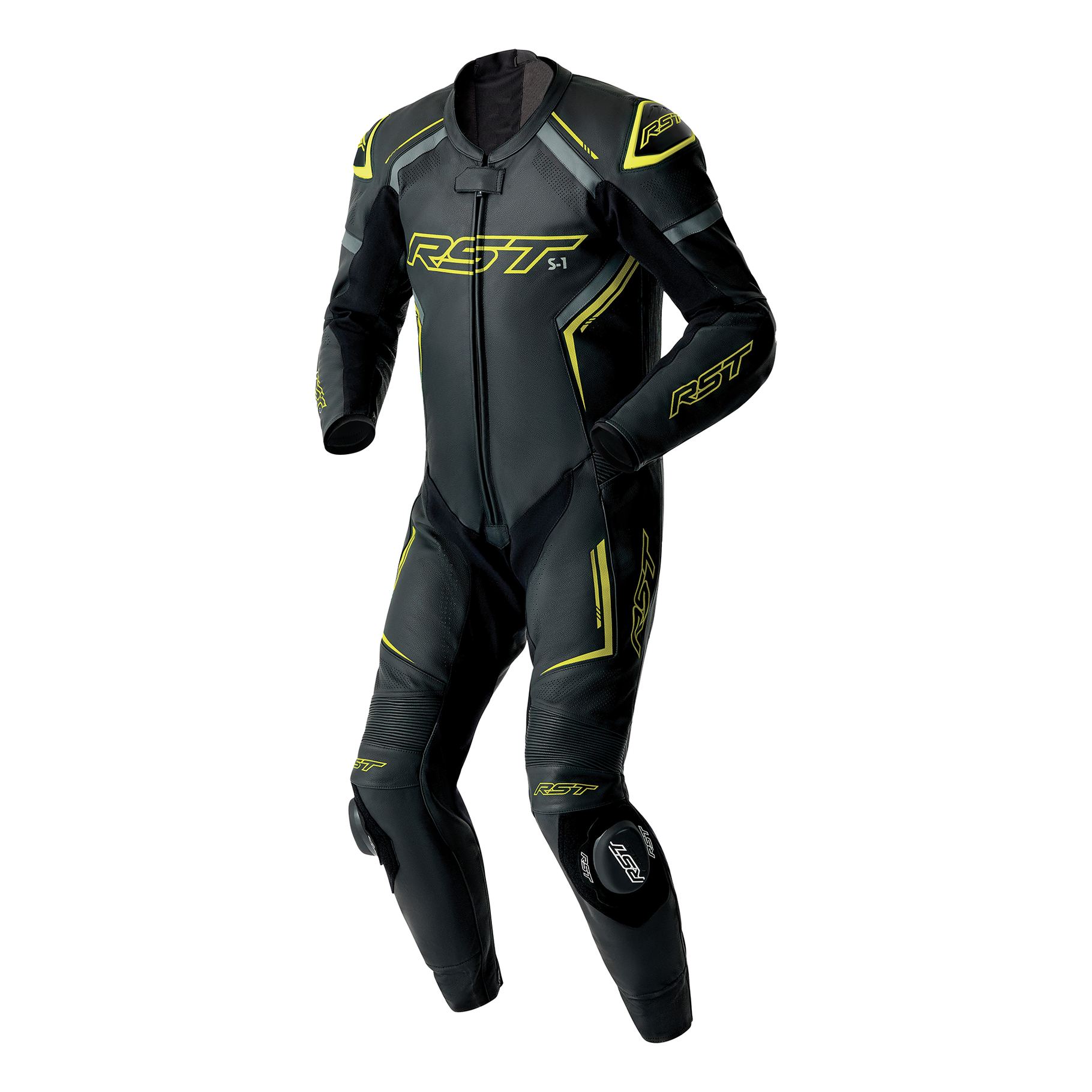 RST S1 D3O Leather Suit - Black / Grey / Flo Yellow