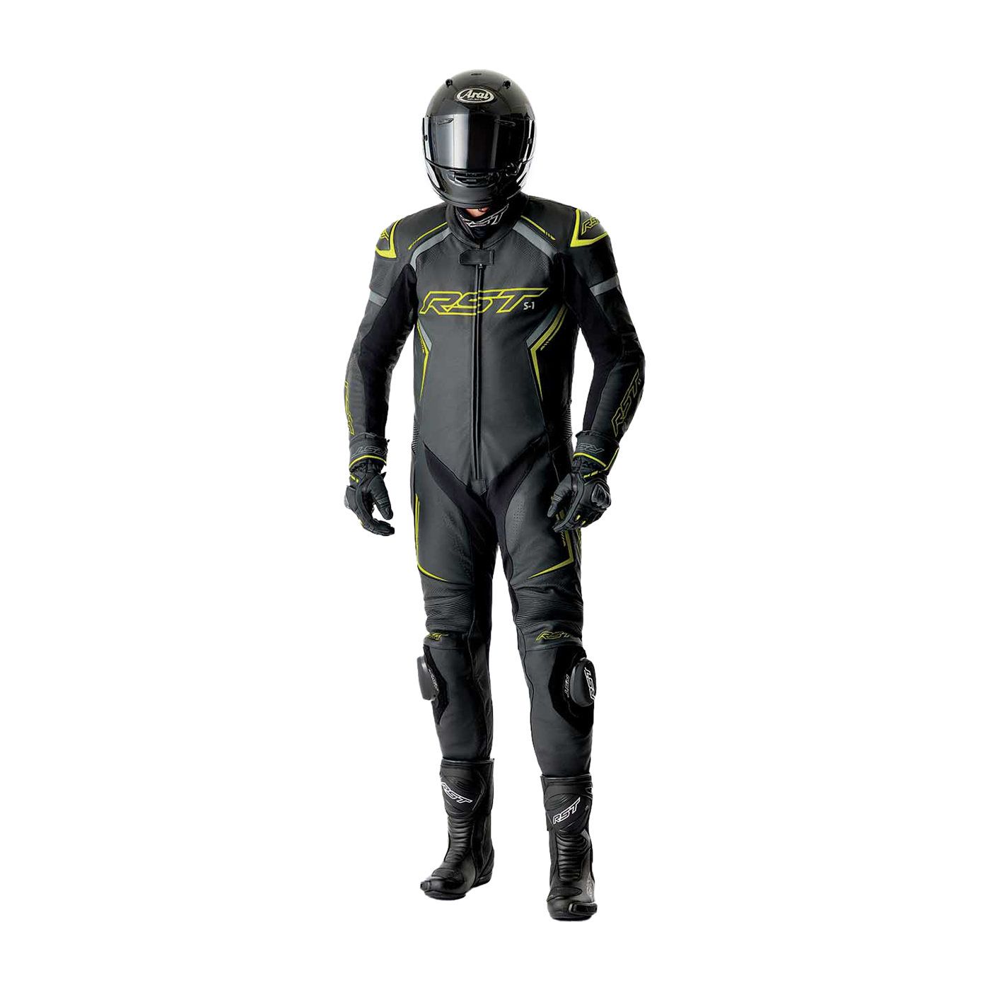 RST S1 D3O Leather Suit - Black / Grey / Flo Yellow