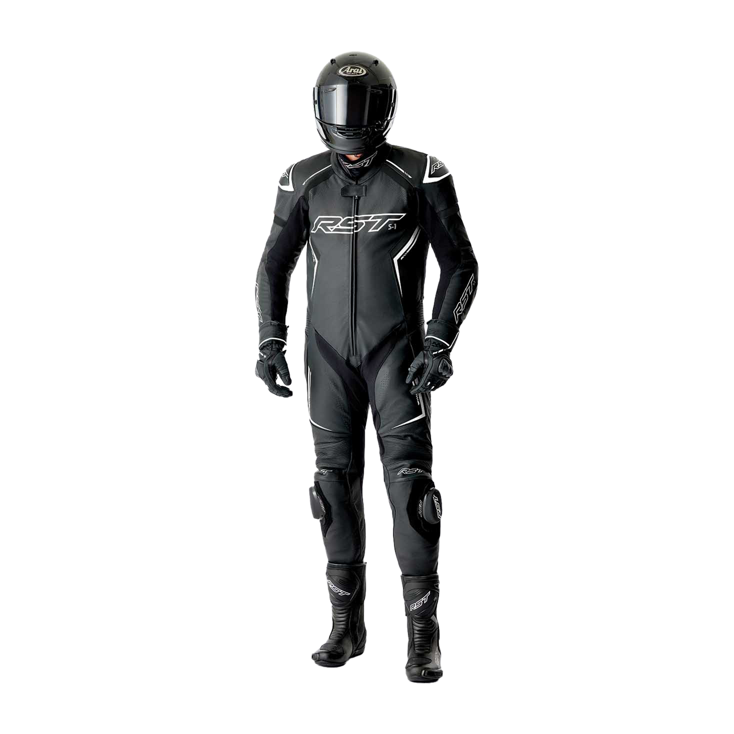 RST S1 D3O Leather Suit - Black / Black / White