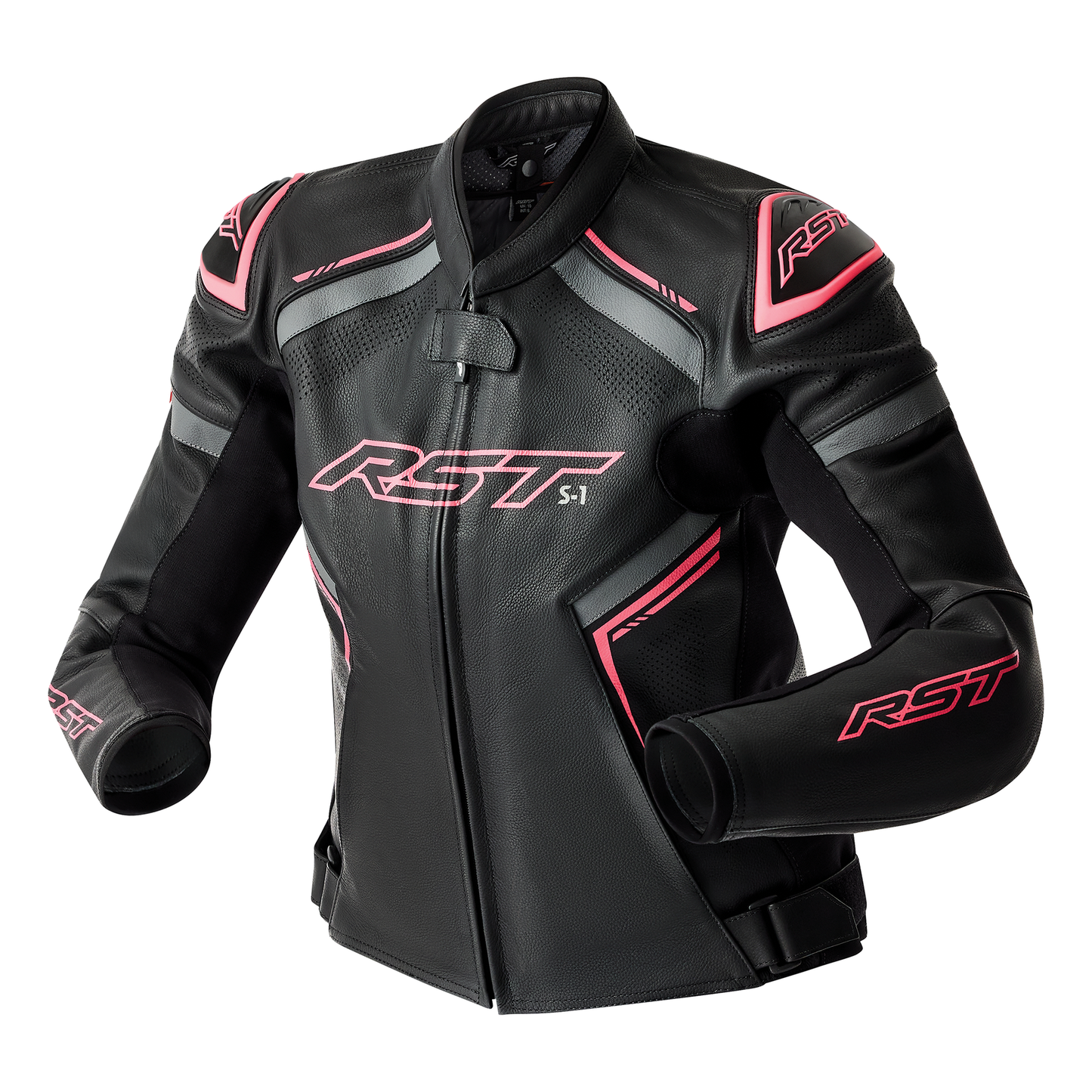 RST S1 D3O Ladies Leather Jacket - Black / Flo Pink