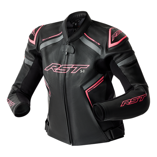RST S1 D3O Ladies Leather Jacket - Black / Flo Pink