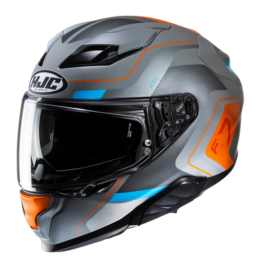 Mega Motorcycle Store HJC F71 Arcan sports touring helmet in grey with orange and blue graphic accents